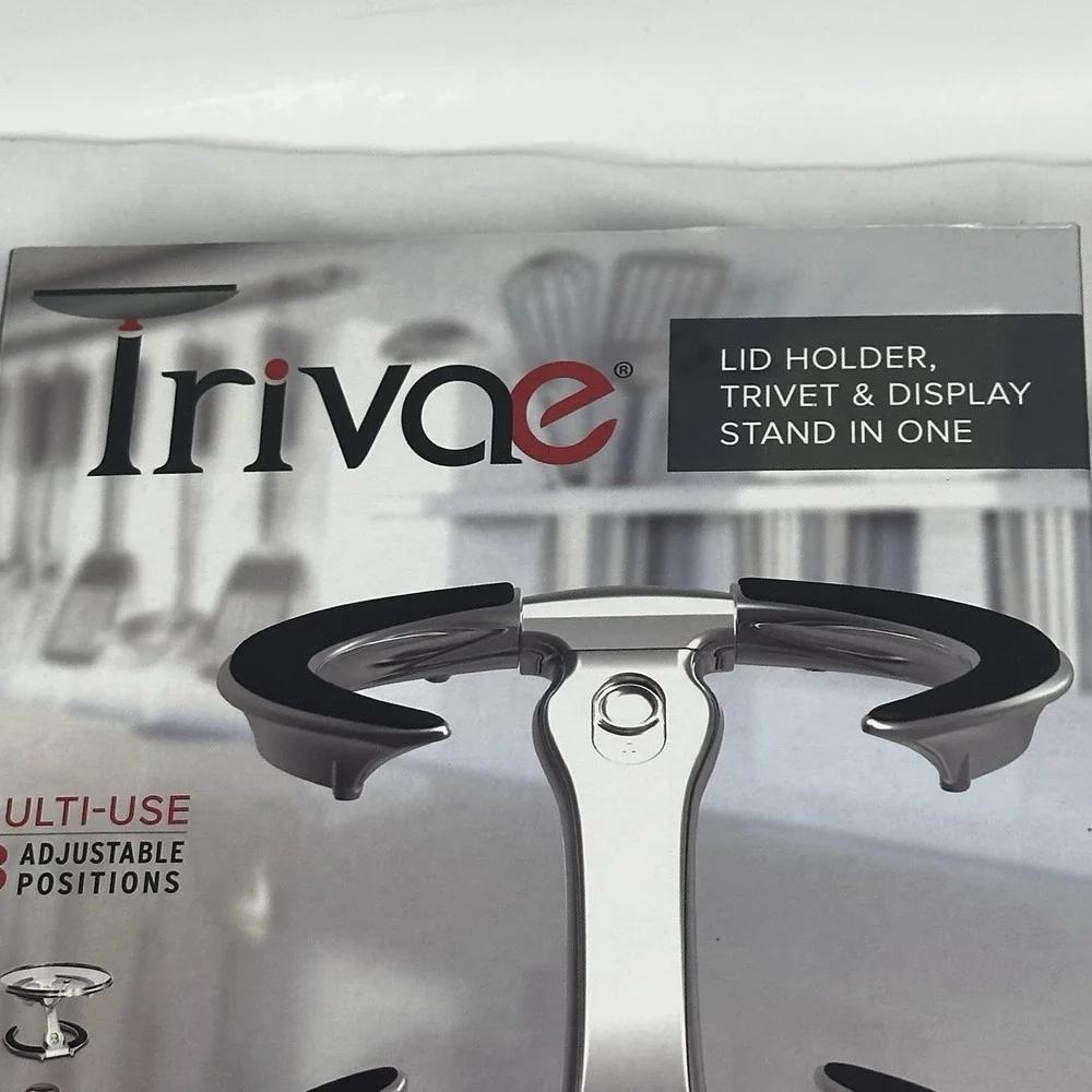 Trivae Multi-Use Lid Holder Trivet and Display Stand Blue Silver Heat Resistant